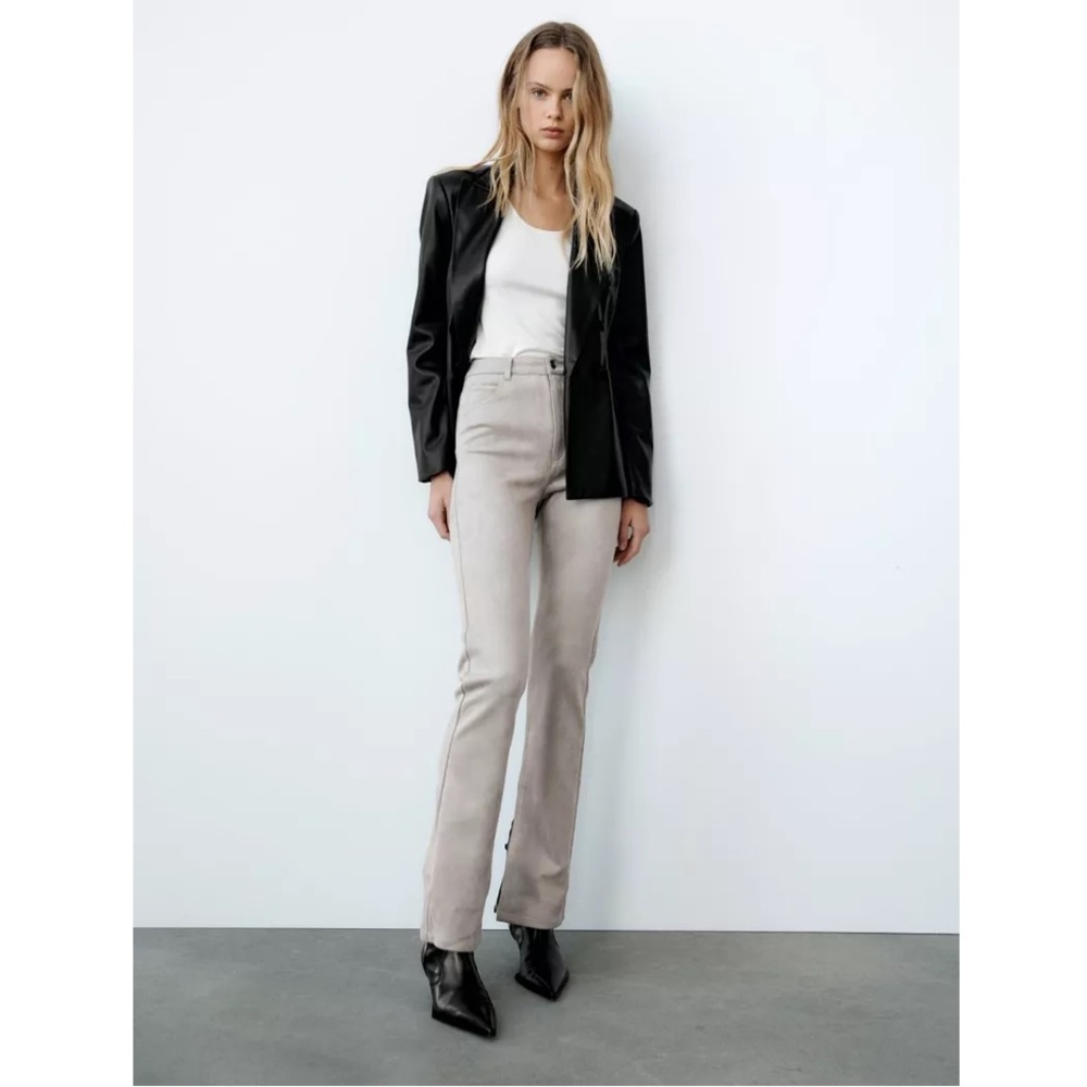 Zara Slim Grey Faux Suede Slit Flare Pants
